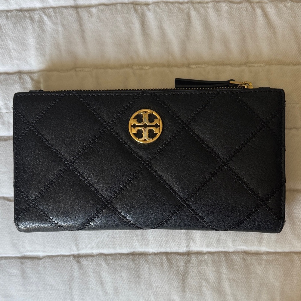Tory Burch Black Quilted Wallet with Gold Logo